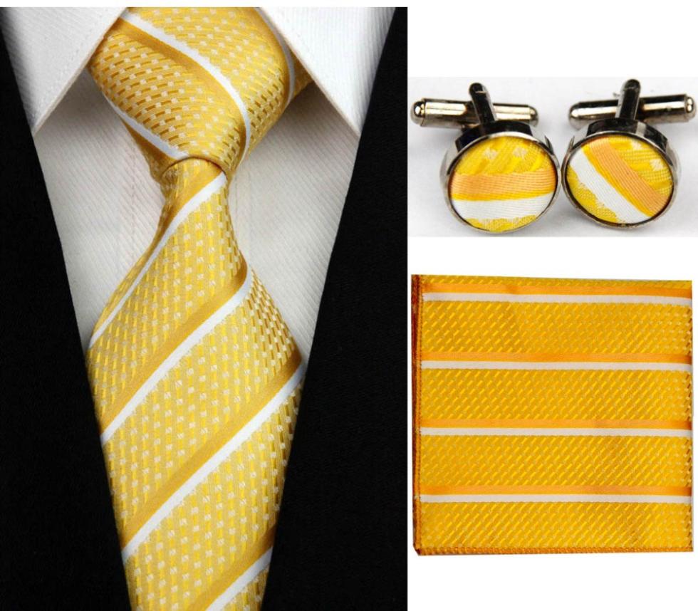 SNT0165 Hot Sale 2014 Fashion Man Yellow Ties Necktie Set Cufflink Hanky Checked Striped Casual Neckties