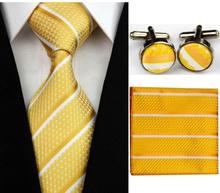 SNT0165 Hot Sale 2014 Fashion Man Yellow Ties Necktie Set Cufflink Hanky Checked Striped Casual Neckties