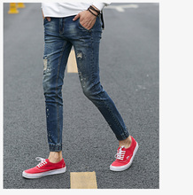 Mens Hole Ankle Length Denim Ripped Jeans Casual Slim Fit Stretch Pants Fashion Korean Style Men Feet Pencil Jeans 28-36 xy201