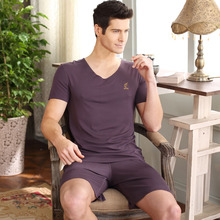 New Men Pajama Sets Soft Homewear Viscose Sleepwear Summer Pajamas Solid Short Sleeve Pijama V-Neck Casual Sleep Lounge Pyjama