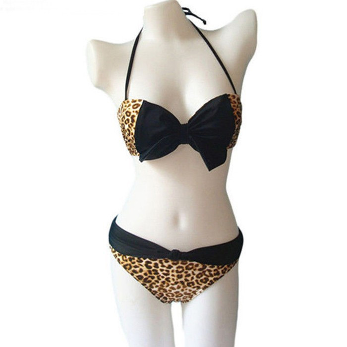 New 2015 vintage Bow leopard Women Ladies Sexy Push Up Padded Swimsuit Swimwear Bikinis Set print bikinis set high waist bikini (12)