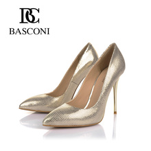 Free shipping 2016 BASCONI woman shoes pointed a stiletto with golden grain sheepskin Leather lining New