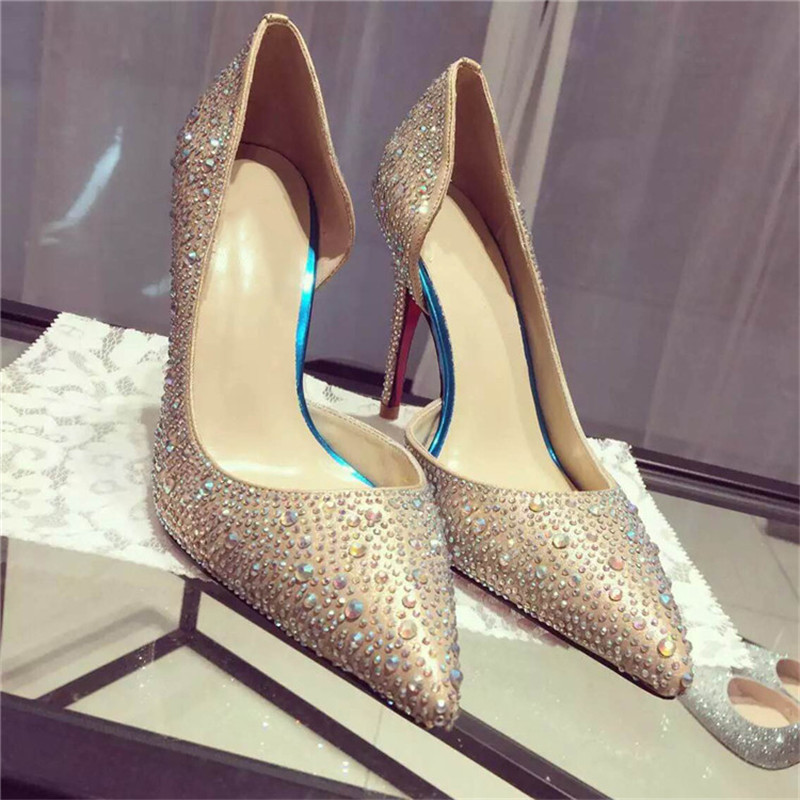 2015 new fashion wedding shoes for lady pointed toe crystal party dresses shoes sexy gold silver party prom high heels pumps