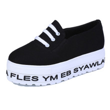 New Fashion Black Letter Print Low Top Lady Sneakers For Women Brand Lace Up Canvas Platform