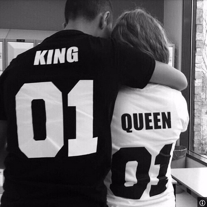 2016 New Lovers Casual O neck Cotton Short Sleeve T-shirt Valentine Woman Queen 01 Print Shirts And Man King 01 Print shirt