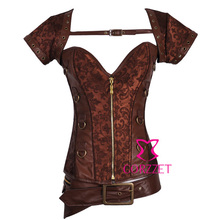 Sexy Lingerie Women Brown Dobby Zipper Front Steel Boned Overbust Gothic Corset Steampunk Bustier&Corsets Punk Corpete Corselet