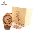Engraved Elk Head Natural Wooden Watches With Genuine Cowhide Leather Lovers Luxury Wristwatch Mens Wood Watch