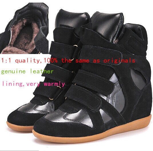 Isabel Marant Women Black Winter Plush Shoes Sneakers Height Increasing 8cm Fashion Sneakers Genuine Leather