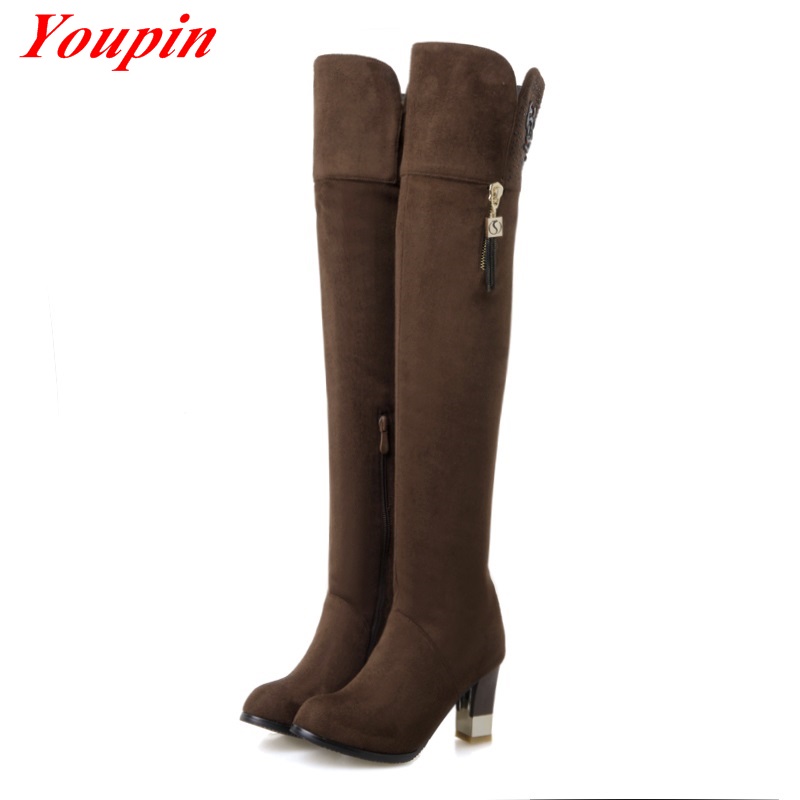 Spike Heels Knee Boots 2015 Latest Rhinestone Long Boots Nubuck Leather Woman Shoe Winter Short Plush Thick With Knee Boots