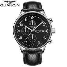 GUANQIN GQ20141 Genuine multifunction Chronograph watch quartz watches men Three small dials business black Leather strap