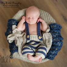 Newborn baby photography props infant knit crochet costume blue striped soft outfits elf button beanie pants