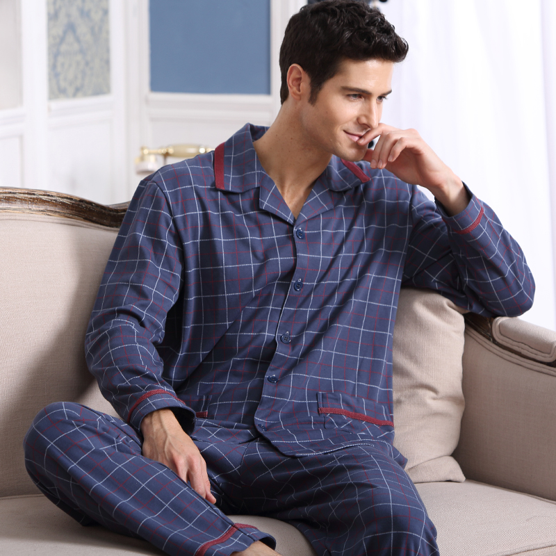 Men s Pajamas Spring Autumn Long Sleeve Sleepwear Cotton font b Plaid b font Cardigan Pyjamas