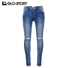 GLO-STORY 2016 New Arrival Fashion High Street European Style Denim Pants Mid Waist Skinny Button Fly Long Ripped Women tr Jeans