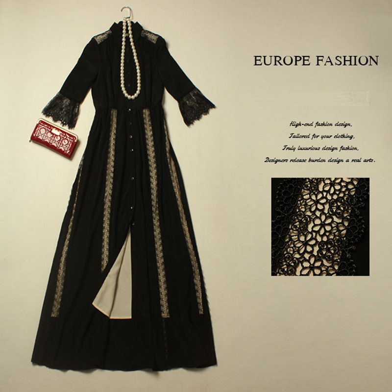 Vintage Dress New 2016 Spring Summer Muslim Abaya Runway Fashion Lace Half Flare Sleeve Mid-Calf Hollow Out Designer Dress