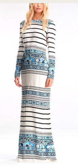 Free shipping 2015 Long Sleeve Striped Printed Stretch Jersey Silk  Maxi Dress Long Dress  150602EP578C