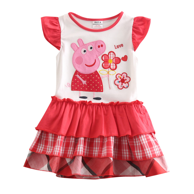2015 Nova kids girl's dress cartoon character embroidered with tiered hemline cotton sleeveless summer girls dress wholesale