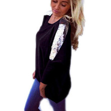 NEW Autumn Casual Loose Women Blouse O Neck Sequined Batwing Long Sleeve Solid Tops Blouse Baggy Blusas Femininas