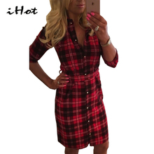 Shirt Dress Womens Tartan patchwork 3/4sleeve button Work Wear Casual Vestido cotton red long plaid Robe autumn 2016 new fashion