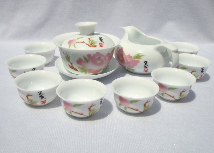 10pcs smart China Tea Set Pottery Teaset Pink Peony A3TM05 Free Shipping