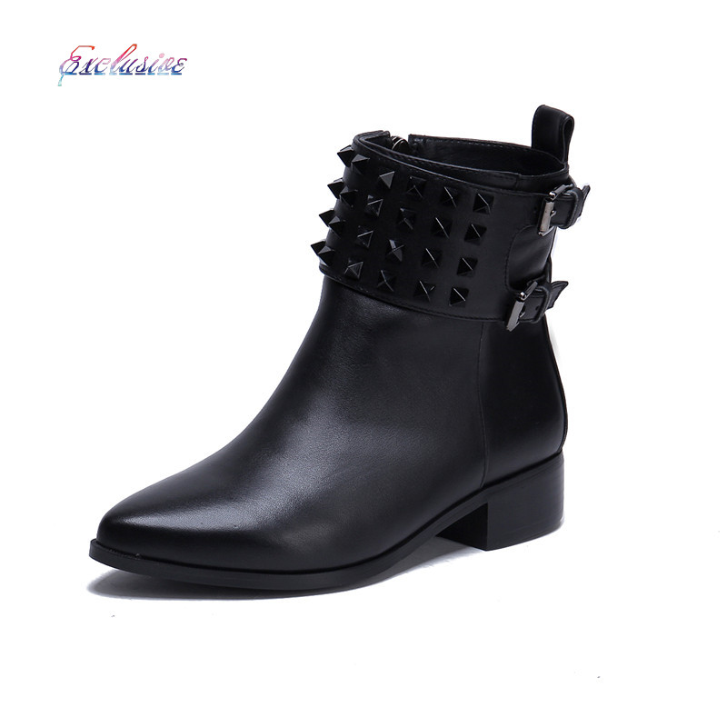 Woman Thick With Ankle Boots Short Plush Buckle Rivets Pointed Toe Shoe Black Brown High Quality Cowhide Thick With Ankle Boots