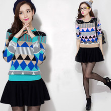 High quality autumn winter fashion contrasted colors plaid lady girls crewneck thick sweater