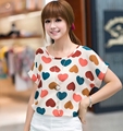 High Quality Heart Printed Summer Women Blouses Short Sleeve Chiffon Blouse Plus Size Blusas Femininas 2016