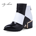 Genuine Leather Black Round Toe Square Low-heels Women Fashion Ankle B