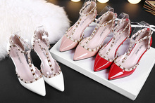 new spring D’orsay two piece patent genuine leather pointed toe party Rome rivets buckle strap women high thin heels shoes