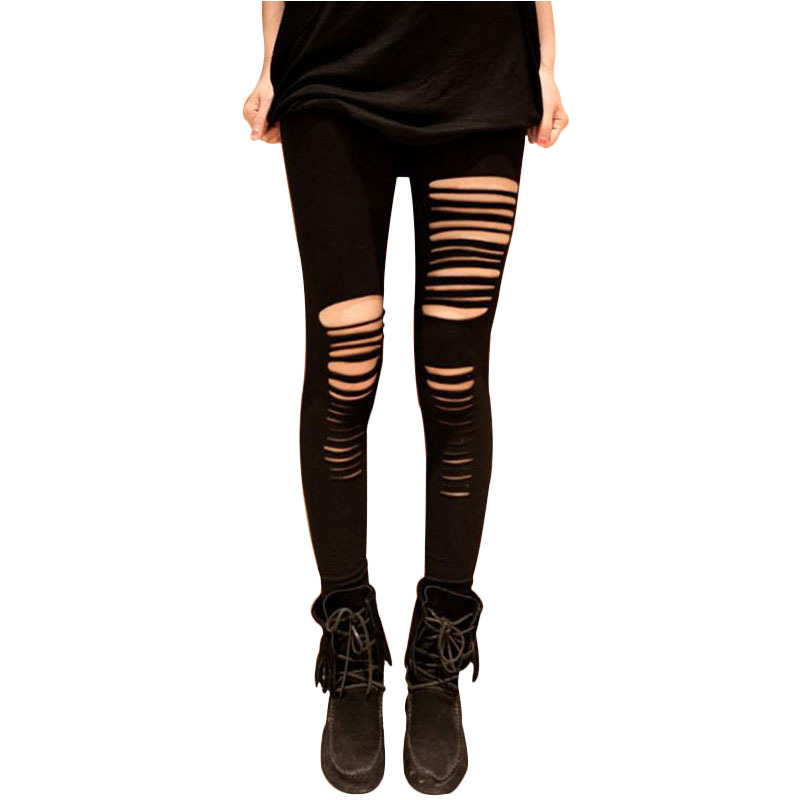 Fashion New Ripped Women Leggings Asymmetrical Hollow Out Black Leggins