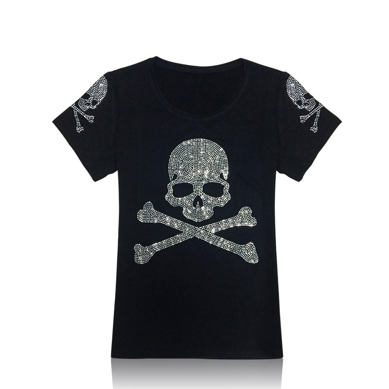 2015 Summer Plus Size Women T shirt Female Short Sleeve Cotton Diamond Skull print tops Women