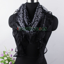 New Fashion Gorgeous Burnt out Shiny Metallic Vine Pattern Ruffle Lace Stitching Triangle Scarf Shawl Wrap