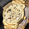 New Luxury Golden Mechanical Automatic Wrist Watch Rome Number Men Stainless Steel Band Skeleton Dial Mens