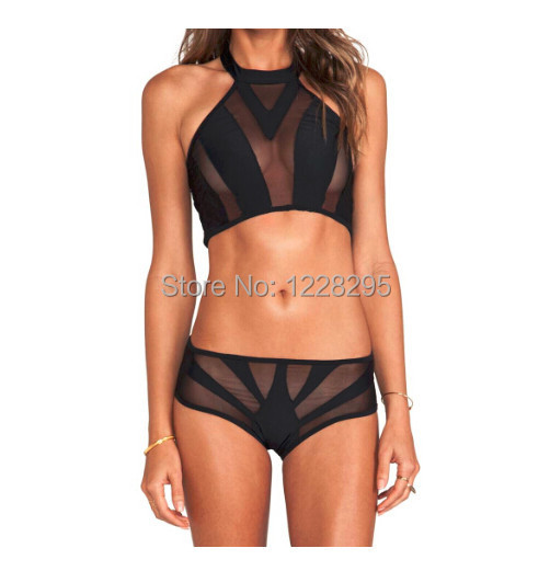 2015Sexy Mesh Sheer Fabric Bikini High Neck Cut Out Crop Top Transparent Sunscreen Swimsuit Vintage Black Brazilian Swimwear.jpg