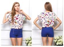 Plus Size New Fashion 2014 Summer Women Print Chiffon Shirt Vintage Birds and19 Styles Batwing Sleeve