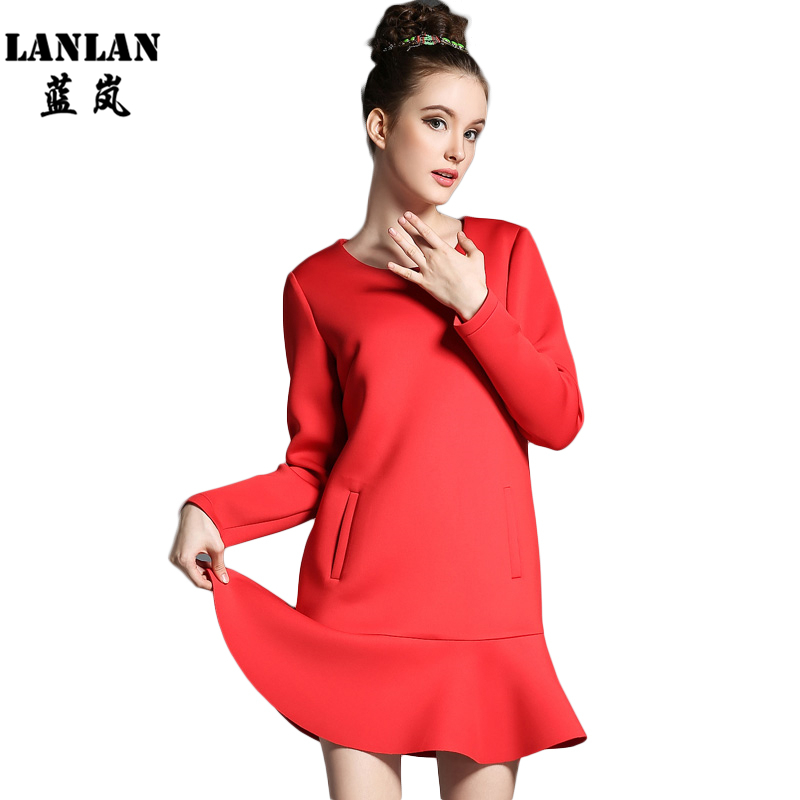 Clearance Sale Plus size Women&#39;s Dress Winter New Casual Long sleeve O neck Fashion Flouncing ...