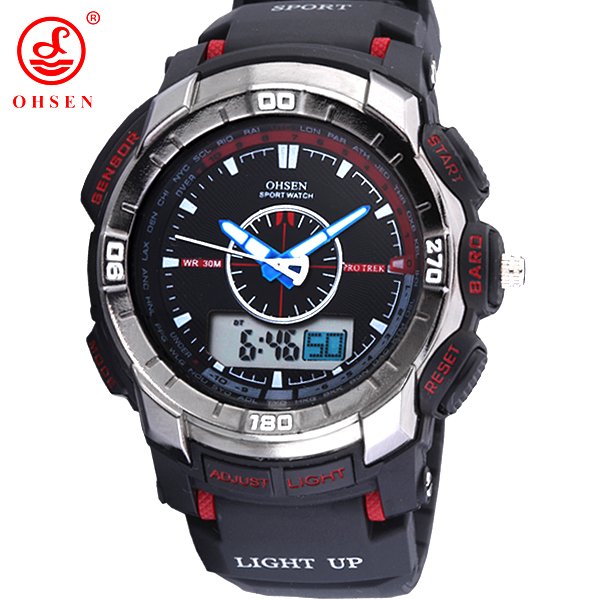 OHSEN Men Boy Quartz Watch Alarm Date Week Stopwatch Backlight Military Sport Watches Casual Rubber Wristwatch