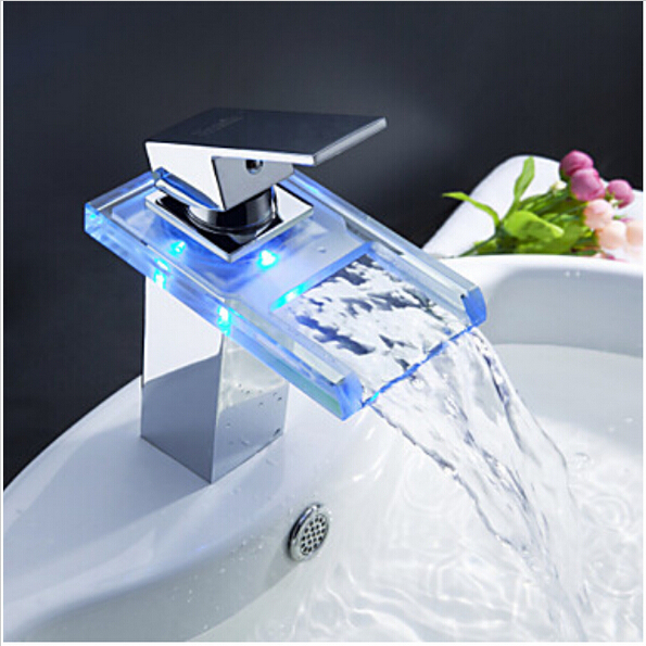 Free Shipping LED Light Waterfall Spout Bathroom Basin Faucet Deck Mount Square Vanity Sink Mixer Tap