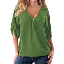 Fashion V-neck 3/4 Sleeve Blouse Casual Loose Tops Sexy Ladies Solid Shirts Plus Size Summer Blusas 2016 Women Blouses GV217
