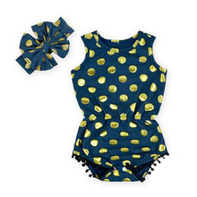 Gold Dot Pompom Jumpsuit Ruffled Flower Baby Rompers Girl Baby Costumes Set Kids Jumpsuit Cotton Chevron Romper with headband