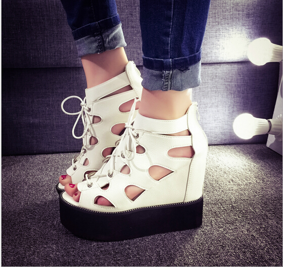 Increased women sandals 2015 new high heeled lace thick crust within the Roman shoes hollow hole