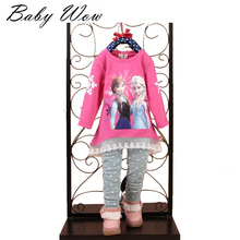 2015 Baby Girls Clothes Casual Elsa Clothing Sets Print Lace T-shirts + Leggings Sport Suit Autumn/Winter Kids Clothes C50