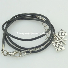 Free shipping 17073 Silver Flag Banner Chequered Flag Pendant 17″ Choker Collar Short Necklace 14624