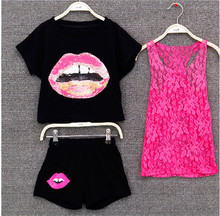 2016 Mother Kids Girl Summer Clothing Set Teenage Girls clothing 3 Pieces Sets Lace Tank Top