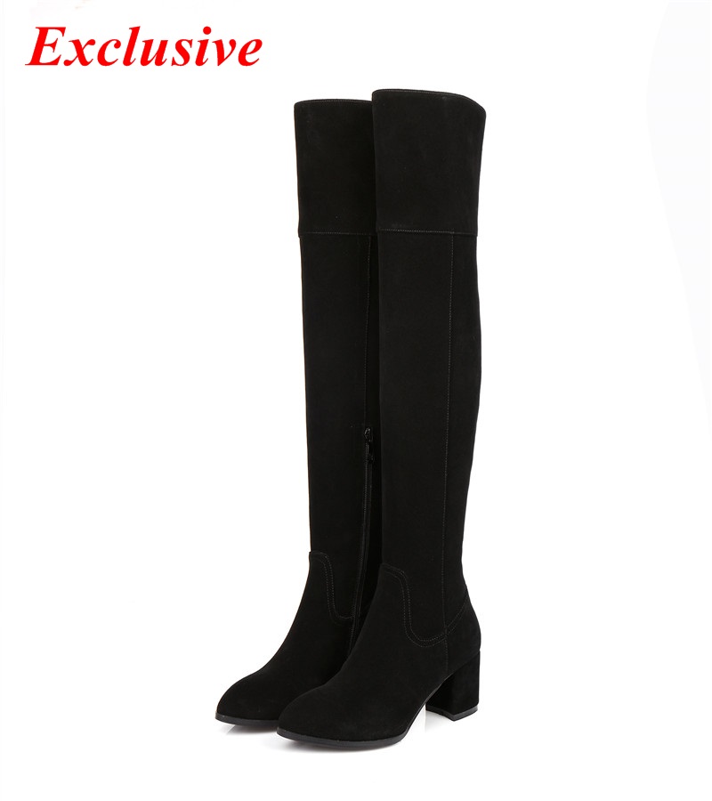 Thick With Knee Boots Winter Short Plush Nubuck Leather Pointed Toe Long Boots Cowhide High Quality Zip Thick With Knee Boots
