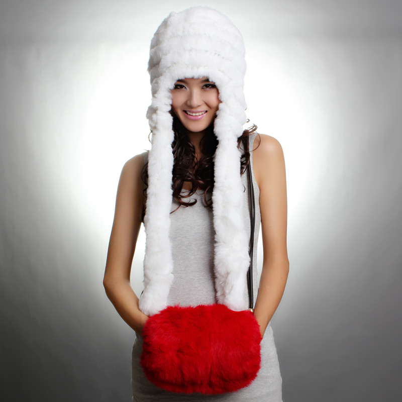 2013 Women's Genuine Knitted Rex Rabbit Fur Hats with Tassels Female Winter Warm Caps Ear Protector
