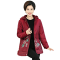 Middle Aged Woman Hooded Cotton padded Coat Red Green Overcoat Dot Leaves Pattern Wadded Jackets Woman
