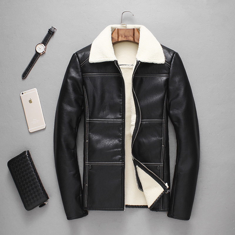 Faux Leather coat Winter leather jacket 2016 New menswear add thick wool jacket Windbreaker jacket two colors 3XL plush size