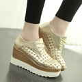 NEW 2015 Women Hollow Out Wedge Platform Loafers Casual Shoes With Lace Up Flats Spring Fall