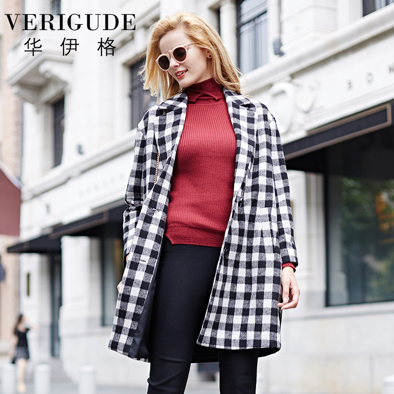 Veri Gude 2015 New Arrival Winter Long Coat Women Plaid Overcoat Patchwork