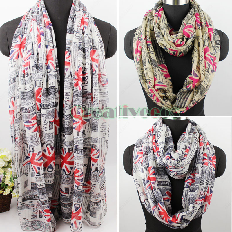 Newspaper UK Union Jack Print Long Scarf Infinity 2 Loop Cowl Scarf